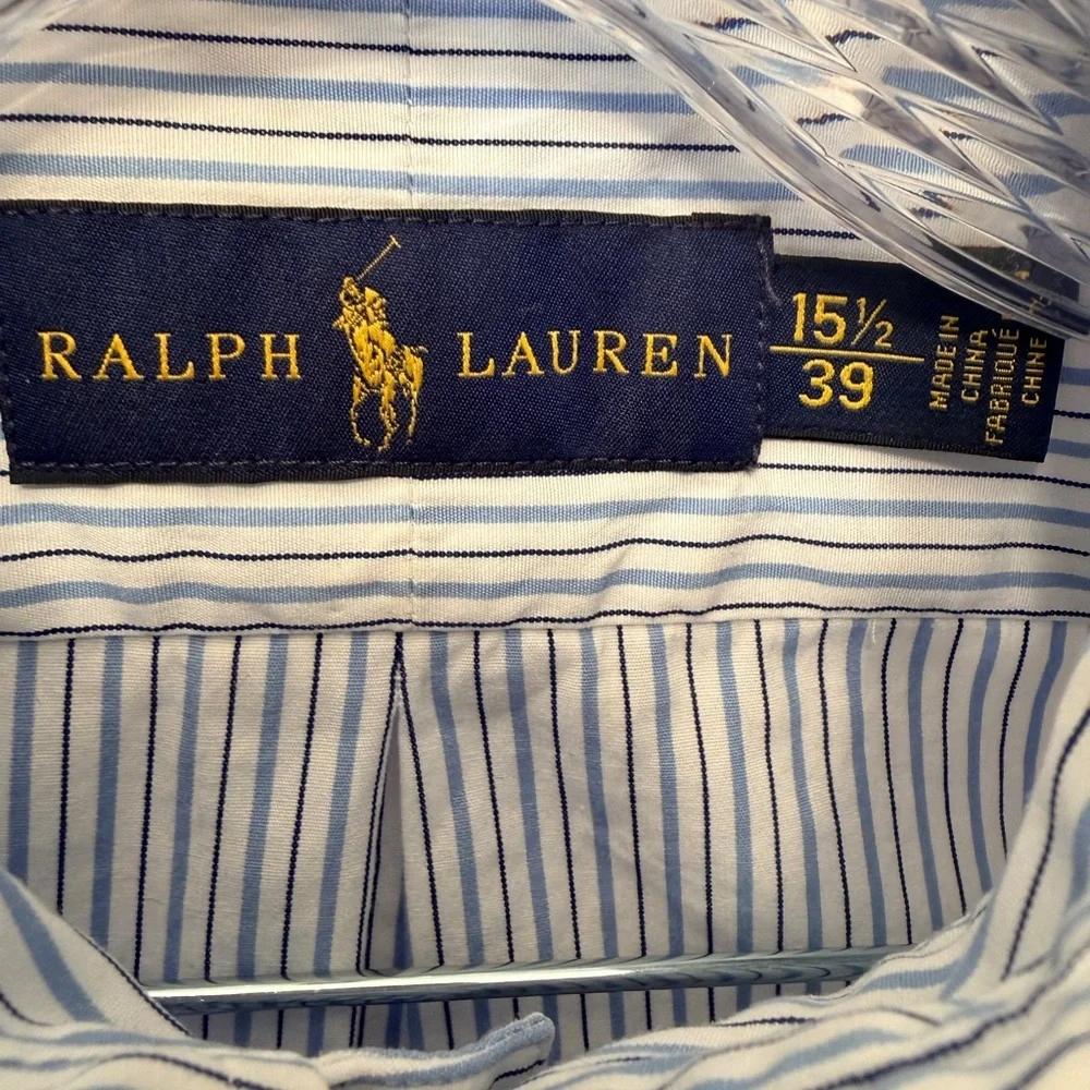 Ralph Lauren 15.5 M Button Down Long Sleeve White Blue Stripe Dress Casual Shirt - Picture 3 of 8